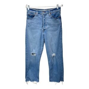 Levi Ribcage Straight Ankle Jeans Sz 29 Raw Hem High Rise Distressed